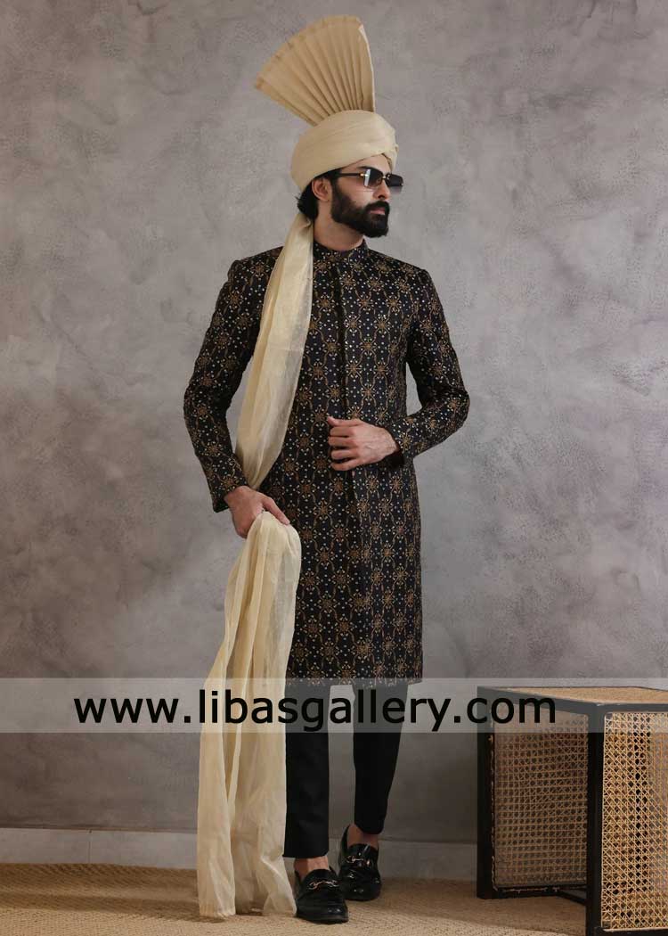 Luxury Black and Antique Embroidered Groom Sherwani